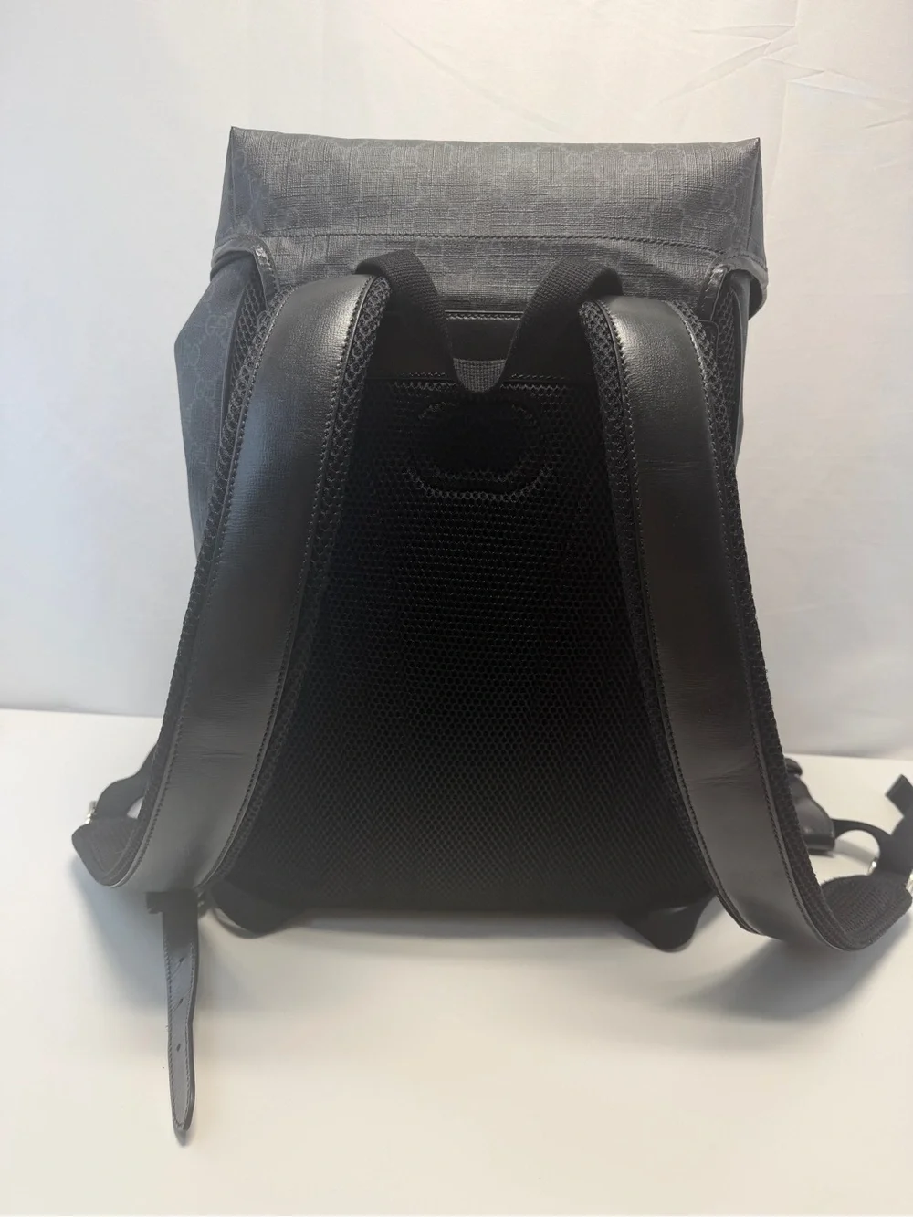 Gucci Black Monogram Leather-Trim Backpack